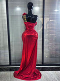 Women Sexy One Shoulder Shining Rhinestones High Split Floor-length Gowns Dress Evening Party Celebrate Red Carpet Wear