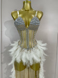Sparkly Rhinestones Feathers Long Tail Bodysuits Sexy Mesh Transparent Stage Dress Evening Party Celebrate Luxury Birthday Dress