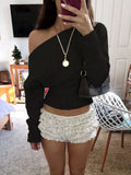 Elegant One Shoulder Beige Knitted Sweater Women's Pull Waist Off-Shoulder Sweatshirt Jumper Pullovers Clothes Autumn Winter New