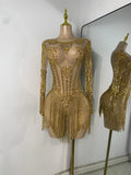 Sparkly Rhinestones Fringes Tight Bodysuit Women Sexy Mesh See Through Performance Stage Outfit Luxury Birthday Party Wear