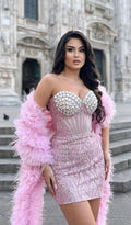 Women's Stylish Shawl Super Shiny Rhinestone Sequin Embroidered Pink Tube Top Dress Luxury Haute Couture Fashion Hot Party Gown