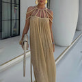 Solid Loose Hollow Out Dresses for Women O Neck Sleeveless High Waist Minimalist Dress Femle Clothes
