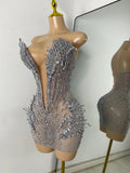 Sparkly Rhinestones Women Sexy Mesh See Through Short Sleeveless Party Nightclub Performance Costume Stage Wear