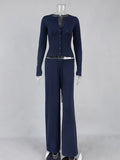 White Ribbed Knit Two Piece Set for Women Slim Button Accent Cardiagns Low Waist Loose Pant Suit for Casual Outings
