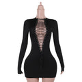 Hollow Shirring Sexy Dress Women Hipster Full Sleeve Coquette Midnight Party Clubwear Stretch Skinny Mini Bodycon
