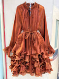 Ruffled Mock Neck Mini Dress for Women Tie Neck Long Sleeve Flare Cuff Self Tie Sash Waist Tiered Ruffle for Party Occasions