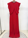 Women'S Formal Dinner Party Evening Gowns Elegant Red Diamond Shawl Sleeve Design Long Slim Fit Dress