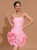 2026 Ladies 3D Flowers Strapless Tight Backless Design Celebrity Club Party Red Sleeveless Sexy Mini Bandage Dress