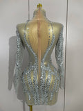 Sparkly Rhinestones Sexy Mesh Transparent Mini Dress Eveing Birthday Party Dance Nightclub Fashion Show Stage Costumes