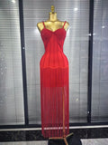 4 Colors Women Sexy Strap Shining Beading Long Tassles Bodycon Long Bandage Dress Elegant Evening Party Celebrate Birthday Wear