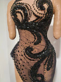 Sparkly Diamond Sexy Black Mesh Asymmetric Bodycon Mini Dress Women Nightclub Bar Party Show Gogo Dancer Clothing Stage Costume