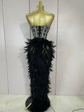 Women Sexy Elegant Evening Party Luxury Birthday Photo Shoot Performance Costume Sparkly Rhinestone Feather Mesh Long Dress