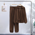 Casual Loose Coats Pants Set Women Full Sleeve Lapel Zippers Solid Coat Long Straight Pleated Pant Sets 2026 Autumn Lady Suit