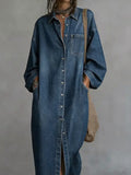 Women Denim Dress Lapel Collar Long Sleeve Loose Maxi Button Down Pocketed Casual Fashion Summer