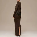 Elegant Style Pencil Dresses for Women O Neck Shoulder Pud Long Sleeve High Waist Pleated Slim Maxi Dress Female