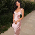 V-neck Cut Out Lace-Up Spaghetti Strap Dress For Women Summer Beach Long Dress Fashion Sexy Sleeveless Slim Gown Clothes