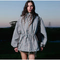 Gingham Plaid Hooded Windbreaker Jacket Drawstring Waist Loose  Outerwear 2026 Spring Autumn Lady Retro Outdoor Casual Jacket