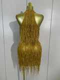 Shiny Rhinestone Tassel Gold Mini Dress Women Elegant Prom Gown Evening Party Sexy Nightclub Birthday Photoshoot Stage Costumes