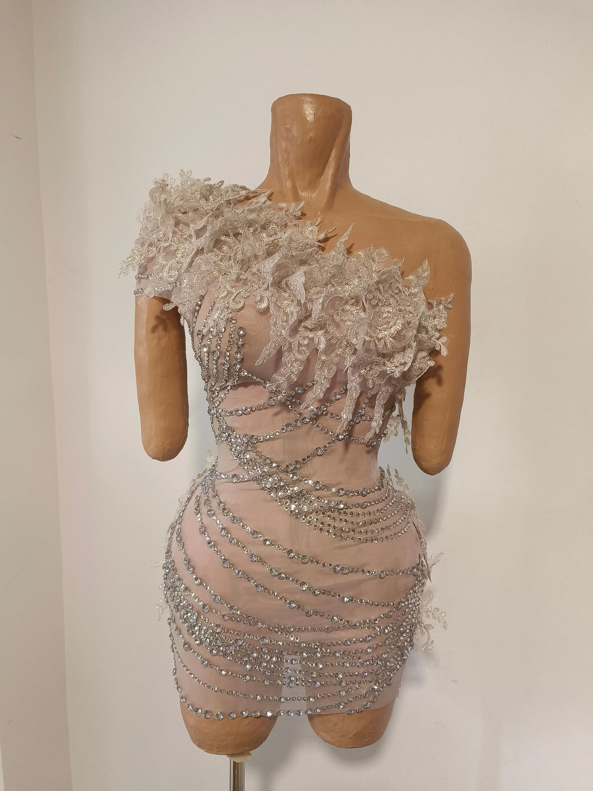 Sexy Sparkly Rhinestones One Shoulder Mesh See Through Mini Dress Women Birthday Evening Celebrate Party DJ Nightclub Stage Wear