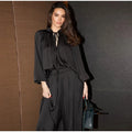 Solid Color Tie Neck Satin Blouse Wide Leg Pants Two Piece Set Long Sleeve Loose Fit 2026 Spring Daily Vacation Women Outfit