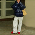 Stand Neck Glossy Surface Padded Cotton Short Coat Women Full Sleeve Thicken Pockets Jackets Coat Female Winter Chic Streetwear