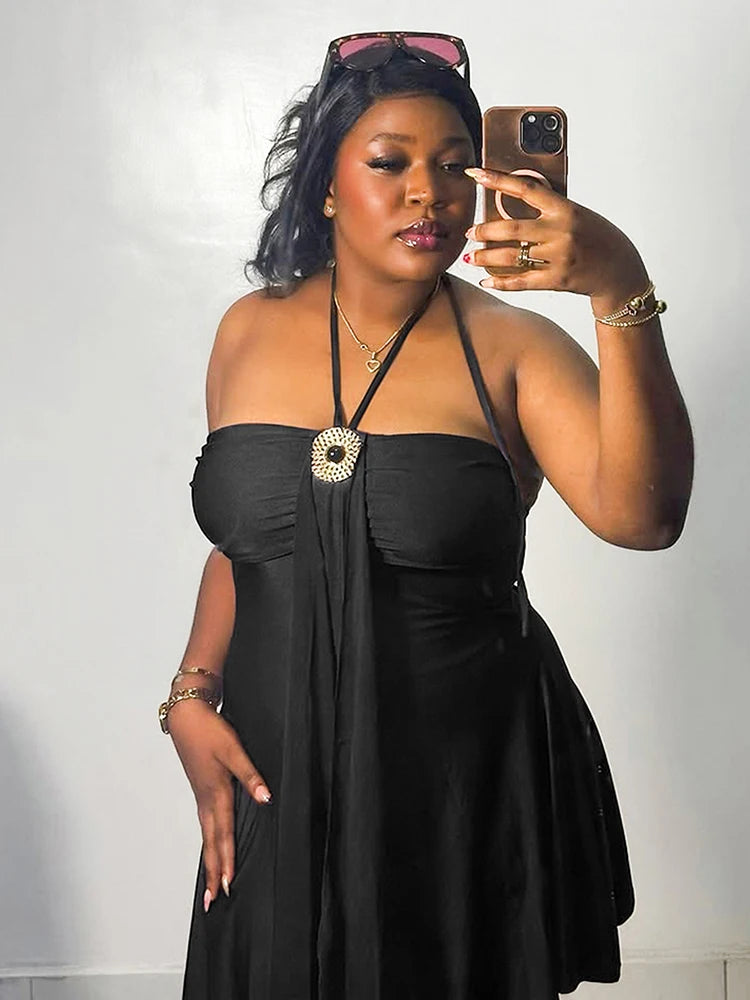 Metal Buckle Dress Women Sexy Elegant Sleeveless Halter Bandages Ribbon Stretch Chic Midnight Party Club Mini Bodycon