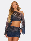 Y2K 2 Piece Set Women Tiger Str Slanted Shoulder Split Sleeve Mesh Crop Tops+Peach Hip Skirts Matching Street Outfits