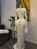 Classic Banquet Dress+Scarf Women Irregular Collar Flare Sleeve Elegant Pleat Patchwork Evening Stretch Slim Bodycon