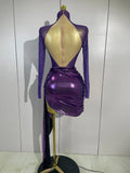 Sexy Mesh See Through Purple Long Sleeves Mini Dress Luxury Sparkly Diamond Birthday Evening Party Nightclub Team Stage Costume