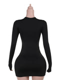 Hollow Shirring Sexy Dress Women Hipster Full Sleeve Coquette Midnight Party Clubwear Stretch Skinny Mini Bodycon