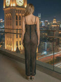 Sexy Maxi Dress Black Women's Diamond See Spaghetti strap Mesh Through Bodycon Long Dress Nightclub Party Evening Gowns
