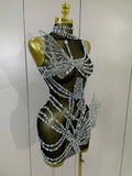 Sparkly Silver Diamonds 3D Butterfly Mesh See Through Mini Dress Women Eveing Party Birthday Bar Nightclub Sexy Stage Costumes