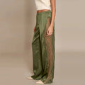 Casual Lace Satin Patchwork Pants Women See Through High Waist Lace Up Straight Trousers 2026 Spring Lady Solid Chic Trouser