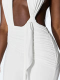 Knot Decoration Playsuit Women Halter Bandage Backless Tassel Folds Deep v-Neck Seeveless Elasticity Sexy Romper