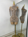 Luxury Women Sexy Sparkly Sequins Halter with Sleeves Mesh Mini Bodycon Nightclub Birthday Dress Party Performance Costume