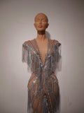 Women Sexy Mesh Sparkly Rhinestone Tassels Stretch Long Dress Evening Nightclub Singer Dance Stage Costume Luxury Birthday Gowns