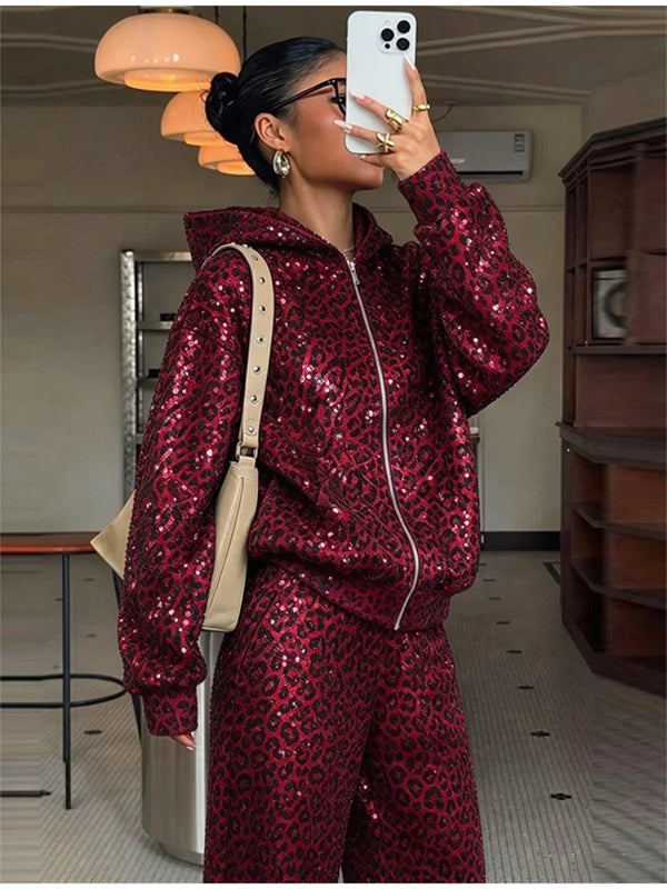 Glam Red Leopard Sequin Hoodie Women Zip Up Long Sleeve Shiny Bling Jacket With Pockets Fall Winter Party Daily Street Outfit