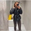 Women's Chic Lapel Oversized PU Leather Jacket Casual Full Sleeve Drop Shoulder Belted Coat Lady 2026 Spring Chic Streetwear