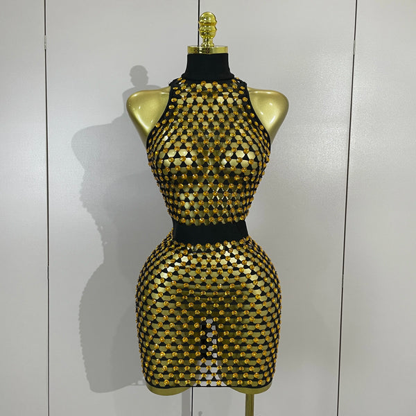 Sexy Nightclub Bar Photoshoot Stage Costumes Sparkly Diamond Mesh See Through Mini Dress Women Evening Party Club Birthday Dress