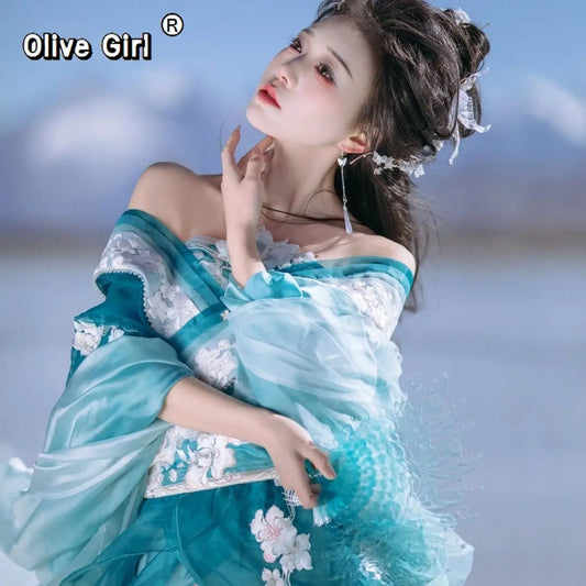 Olive Girl Red Embroidered Hanfu Dress for Ren Faire 2026 Garden Wedding Fairycore Photoshoot S-XXL XS-3XL Plus Size Hand Embroidered Flowing Sleeve Dramatic Silhouette Editorial Not Costume Ren Faire Dress Chinese Heritage Fashion Women