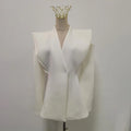 Irregular Office Tunic Coat for Women V Neck Long Sleeve Shoulder Pud Design Spliced Hollow White Jackets Female