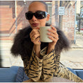 Women Vintage Tiger Print Long Coat Large Fluffy Fur Collar Waist Tie Belted Wrap Coat 2026 Winter Fashion Elegant Outerwear
