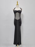 Sexy Sheer Mesh Fishtail Dress for Women Halter Sleeveless High Waist Patchwork Bandage Temperament Dresses Female