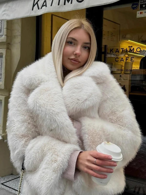 Fluffy Faux Fur Short Coat Women Lapel Long Sleeve Soft Plush Warm Cropped Jacket Lady Winter Outerwear Casual Streetwear