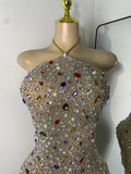 Sparkly Colorful Diamond Sexy Black Sheer See Through Dress Girls Mini Short Prom Dress Birthday Party Club Performance Dress
