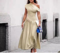 Solid Slimming Temperament Dresses for Women Diagonal Neck Short Sleeves Patchwork Ruffles Fold Dress Female New
