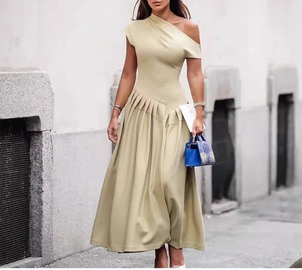 Solid Slimming Temperament Dresses for Women Diagonal Neck Short Sleeves Patchwork Ruffles Fold Dress Female New