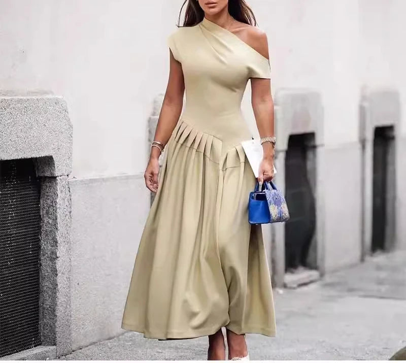 Solid Slimming Temperament Dresses for Women Diagonal Neck Short Sleeves Patchwork Ruffles Fold Dress Female New