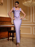 Luxury Violet Bandage Long Dress Women's Ruched Beaded Tight Strap Maxi Dress Elegant Celebrity Evening Birthday Party Vestidos