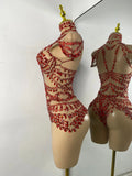 Sparkly Red Rhinestones Women Sexy Mesh See Through High Stretch Bodysuit Nightclub Performance Dance Costume Singer Stage Wear